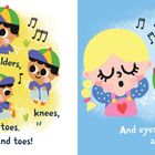 "Head, shoulders, knees, and toes. Knees and toes! And eyes and ears..." Zwei Kinder in fröhlicher Illustration, tanzen zur Musik.