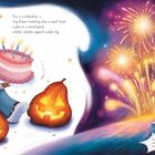 Text: "Fire is a celebration — tiny flames twinkling atop a sweet treat, a glow in a carved gourd, colorful splashes against a dark sky."

Eine Frau mit Partyhut trägt eine Torte mit Kerzen. Zwei leuchtende Kürbislaternen stehen neben ihr. Im Hintergrund sind bunte Feuerwerke vor einem dunklen Himmel.
