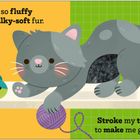 Text: "I'm so fluffy with silky-soft fur." "Stroke my tummy to make me go purr!" Illustration einer grauen Katze mit Wollknäuel.