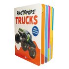"PHOTOPOPS! TRUCKS" in großen Buchstaben. Ein Monstertruck fährt in Aktion, Buch hat bunte Seiten.