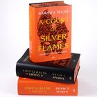 Auf dem Cover steht: "A COURT OF SILVER FLAMES" von Sarah J. Maas, ein orangefarbenes Buch mit Illustrationen.