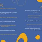Textfragen auf blauem Hintergrund, gelb oder weiß geschrieben. Gelbe dekorative Formen und Linien verteilt.