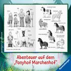 Text: Abenteuer auf dem Ponyhof Märchenhof. Schwarz-weiße Zeichnungen von Personen und Ponys mit Namen. Ravensburger.