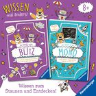 "Wissen mal anders! So fängt man einen Blitz. So läuft man auf dem Mond. Wissen zum Staunen und Entdecken! 8+"

Zwei bunte Buchcover mit Comic-Tieren und Robotern auf violettem Hintergrund, voller Symbole von Wissenschaft.