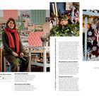 Texte: Vanessa Bowman, Illustrationen. "Mir gefällt der Gedanke, mit meiner Kunst etwas Freude zu verbreiten."

Links sitzt eine Frau im Atelier, rechts dekoriert jemand ein Fenster mit Schneeflocken und Bäumen.