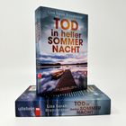 "Tod in heller Sommernacht" von Lisa Sarah Brandstätter. Cover zeigt einen Steg und ein Boot bei Sonnenuntergang.