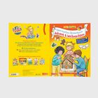 Links: „Jetzt ist Conni...versteckt?“, rechts: „Nach dem Puzzeln...herum?“  
Ein Kind in rot-weiß gestreiftem Pullover, links im Zimmer mit Spielzeug, rechts beim Basteln einer Krippe.