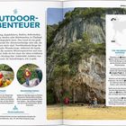 **OUTDOOR-ABENTEUER**: Trekking, Kajakfahren, Rafting, Seilrutschen. Bild: Kletterer an einer Felswand, Karten- und Infobox.