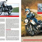 Text: BMW, R 90 S, DIE S-REIHE, DIE EINLITER-BMW. Zwei Fotos von Motorrädern und eine Person in blauer Montur auf Motorrad.