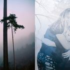 Links: Zwei Bäume im Nebel, einer größer und der andere kleiner. Rechts: Überlagerte Umarmung von zwei Personen.