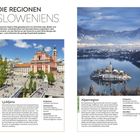 Titel: "DIE REGIONEN SLOWENIENS". Links: "Ljubljana", rechts: "Alpenregion". Zwei Fotos, Stadt und verschneite Insel.