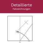 Text: "Detaillierte Faltzeichnungen". Eine schematische Illustration mit Pfeilen und gestrichelten Linien innerhalb eines Quadrats.