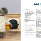 Links: Gestrickte Maus mit weißem Pullover, hält ein gelbes Herz. Rechts: Anleitung für „MARLON Maus“, Materialien und Schritte.
