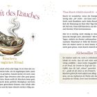 Links: "Die Kraft des Rauches", Illustration von Räucherwerk in einer Schale. Rechts: "Alchemillas Tipp" und ein Porträt einer Frau.