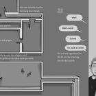 Textfragmente beschreiben einen verwinkelten Gang. Illustriert mit einem verwirrten Jungen am Rand und einer Labyrinthstruktur.