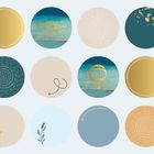 Zwölf Kreise mit Goldakzent, enthalten Spiralen, Pfeile, ein Papierboot, einen Heißluftballon und Blattmuster.