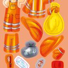 „Bei der Müllabfuhr“ steht oben. Illustration von orangefarbener Arbeitskleidung, gelber Müllsack, Besen, Abfall.