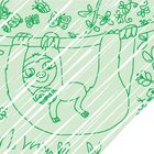 Illustration eines Faultiers, das an einem Ast hängt, umgeben von Schmetterlingen, Blättern und Blumen auf grünem Hintergrund.
