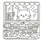 Eine niedliche Illustration: Katzenkopf am Fenster, viele Backwaren wie Kuchen und Muffins darunter.
