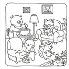 Illustration: Ein Bär kocht, ein Hase putzt, ein Fuchs liest, ein Igel pflanzt. Zwei gerahmte Bilder an der Wand.
