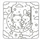 Ein Hase und eine Katze sitzen auf einer Mondsichel. Umgeben von Sternen und Wolken, mit einem niedlichen, verspielten Stil.