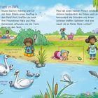 „Tiere im Park“: Antonia, Lio und Freunde erkunden Tiere am Teich. Schwan, Libelle und Frosch. Kinder beim Spielen.
