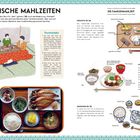 JAPANISCHE MAHLZEITEN, Tischmanieren, FRÜHSTÜCK, MITTAGESSEN, ABENDESSEN, Illustration von Menschen am Tisch, Essen auf Tellern.