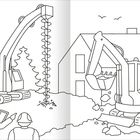 Illustration: Zwei Baukräne, ein Haus, zwei Arbeiter mit Helmen, Bäume im Hintergrund.