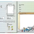 Offene Felder zum Ausfüllen: Name, Spitzname, Wohnort, Spiel, Essen. Illustrationen mit Feuerwehrwagen und Polizeiwagen.