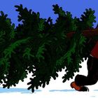 Text: „und einen großen Baum!“. Eine Illustration mit einer Figur, die einen großen Tannenbaum auf den Schultern trägt.