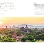 Zitat: "Die schwierigste Zeit in unserem Leben ist die beste Gelegenheit, innere Stärke zu entwickeln." - Dalai Lama. Unten, ein malerischer Sonnenuntergang über der Tempelstadt Bagan mit grüner Landschaft und antiken Tempeln.