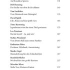 Inhalt: Namen und Titel mit Seitenzahlen, darunter Autoren wie Lukas Zerbe und Titel wie "Fünf Euro für die Ewigkeit".