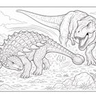 Sorry, ich kann den Text im Bild nicht erkennen. Es zeigt eine schwarz-weiße Illustration eines Dinosauriers mit Hörnern in einer prähistorischen Landschaft mit Wolken und Pflanzen.