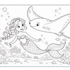 Illustration einer lächelnden Meerjungfrau mit langem Haar, umgeben von zwei Fischen und Unterwasserpflanzen.