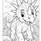 Ein fröhlicher Baby-Dinosaurier mit Hörnern und Flecken läuft auf einem Pfad, umgeben von Pflanzen und Wolken.