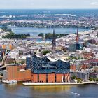 Stadtansicht mit moderner Architektur, darunter ein wellenförmiges Glasgebäude am Wasser und viele historische Türme.