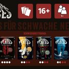 Texte: "CRIME PLACES", "NICHTS FÜR SCHWACHE NERVEN!", "16+", Schwierigkeitsgrad mit 1 bis 5 Kreisen. Darunter sechs Spieleboxen.