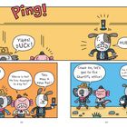 Text: "Ping!", "Yikes! DUCK!", "HURK!", "It's the Kid!", "Where is he?!", "This was a new hat!", "let’s get to the Sheriff’s office!" Drei Figuren in Anzug und Sheriff-Kleidung.