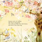 Text: „Susanna went out walking one day in early spring. The woods and fields were full of birds. She loved to hear them sing.” Illustration mit blühendem Baum und vielen Vögeln.