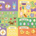 "Easter treats", "Garden games", "Make a bonnet", "Easter egg hunt", "Next in line", "Animal fun", "Hatching chicks". Farbige Cartoon-Aufkleber mit Ostermotiven.