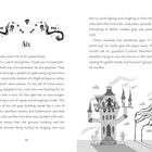 Seite zeigt Kapitel "Sechs". Illustration: unheimliches Schloss, kahle Bäume im Wind, Vögel fliegen.