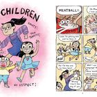 Illustration: Drei lachende Kinder tanzen um eine verängstigte Katze. Texte: „The Children“, „No Boundaries!“, „Snotty!“, „MEATBALL!!“