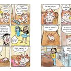 Sechs Bilder mit einer Katze namens Meatball, die von Menschen gestört wird. Humorvolle Zeichnungen, Katze seufzt.