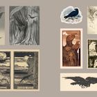 Oben: "Nevermore", "the night's plutonian shore". Verschiedene Illustrationen von Raben und Eulen, meist schwarz-weiß.