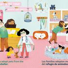 „Adopt a Pet Today“. Familien übernehmen Haustiere aus dem Tierheim. Verschiedene Tiere und Zubehör sind dargestellt.