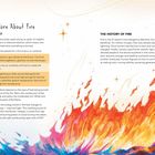 "More About Fire" und "The History of Fire" sind die Überschriften. Eine Illustration von farbenfrohen Flammen darunter.