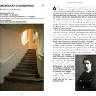 "Das Rudolf-Steiner-Haus: Eurythmische Architektur, 35 Park Road, NW1 6XT. Infos: Mo-Fr 13–18 Uhr, Sa 9–17 Uhr geöffnet."

Links eine geschwungene Treppe. Rechts Text über Architektur und Rudolf Steiner. Schwarz-Weiß-Foto eines Mannes.