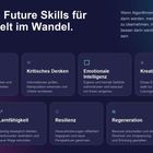Text: "Sieben Future Skills für eine Welt im Wandel." Themen: geistige Autonomie, kritisches Denken, emotionale Intelligenz, Kreativität, Lernfähigkeit, Resilienz, Regeneration.
