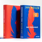 "JAN WEILER. DAS VOGELHAUS. Roman." Zwei Bücher, blau-rote Cover gestapelt, "SPIEGEL Bestseller-Autor" Aufkleber.
