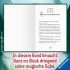 Text: "Morgens im Märchenland" und "In diesem Band braucht Hans im Glück dringend seine magische Gabe." Illustration von Bäumen.